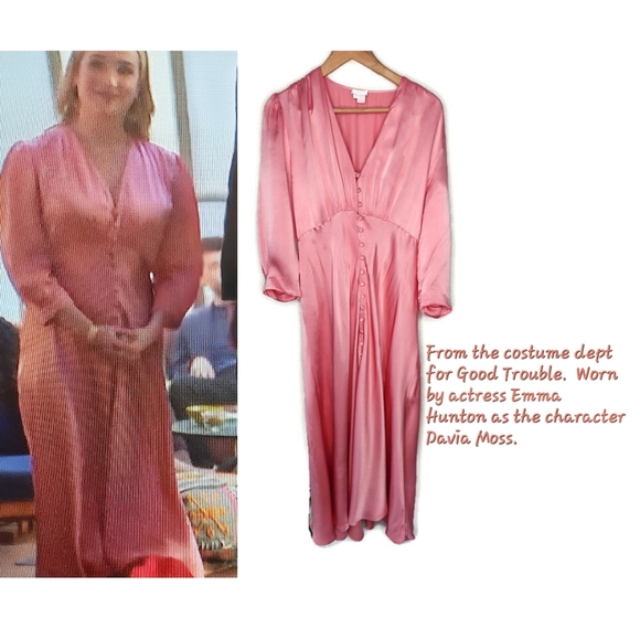 Ghost Madison Button Front Satin Midi Dress In Pink Size L - Picture 1 of 12